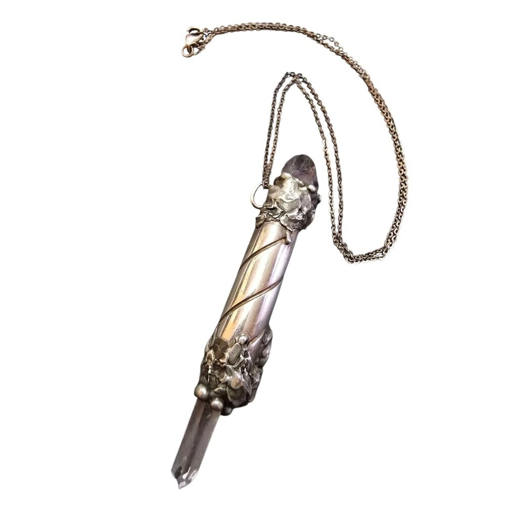 Vintage Unique Sterling Crystal & Amethyst Brutalist Pendant Necklace (A8678)
